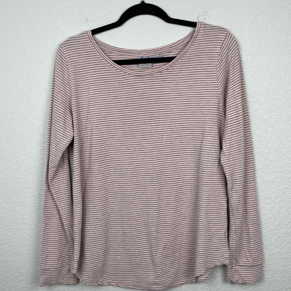 Junk Food Shirt Womens Large Pink Striped Long Sleeve Top Tee Velvet Love Casual